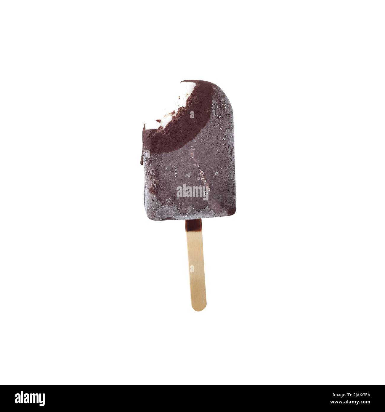 Chocolate ice cream on wooden stick. Tasty popsicle isolated on white background. Stock Photo