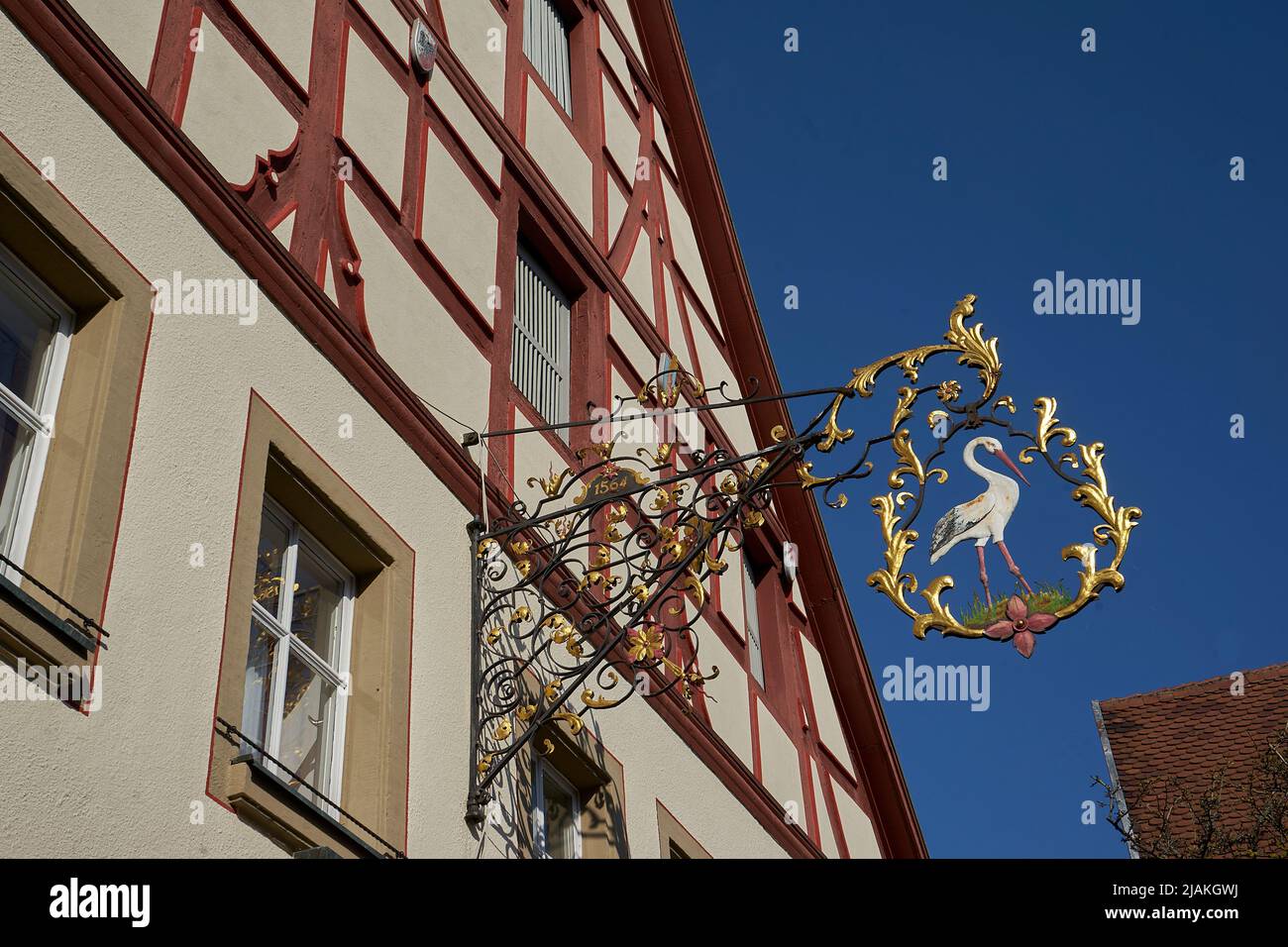 Gasthof  'Zum Storchen', das älteste bekannte Fachwerk-Bürgerhaus von Bayern, breiter Massivbau mit Fachwerk, Am Weinmarkt, Bad Windsheim, Bayern, D Stock Photo