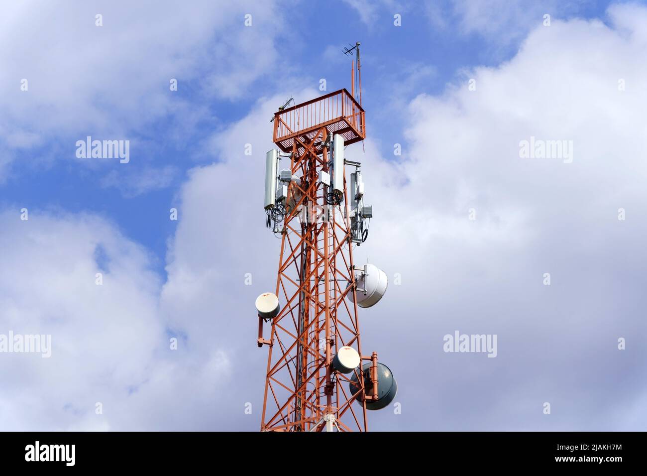 Working at 5g antenna tower for maintaining. Serves cellular antenna