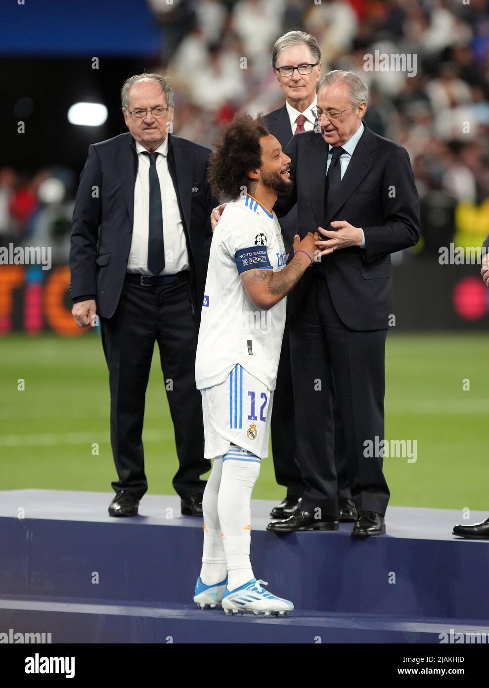 Real Madrid president Florentino Perez with Marcelo during the medal ceremony after the UEFA Champions League Final at the Stade de France, Paris. Picture date: Saturday May 28, 2022. Stock Photo