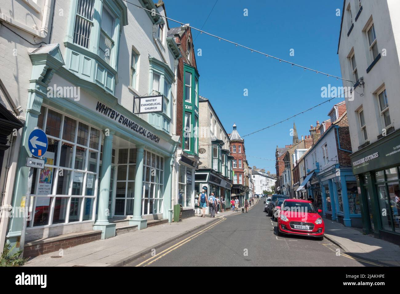 General view along Skinner Street in Whitby, North Yorkshire, England ...