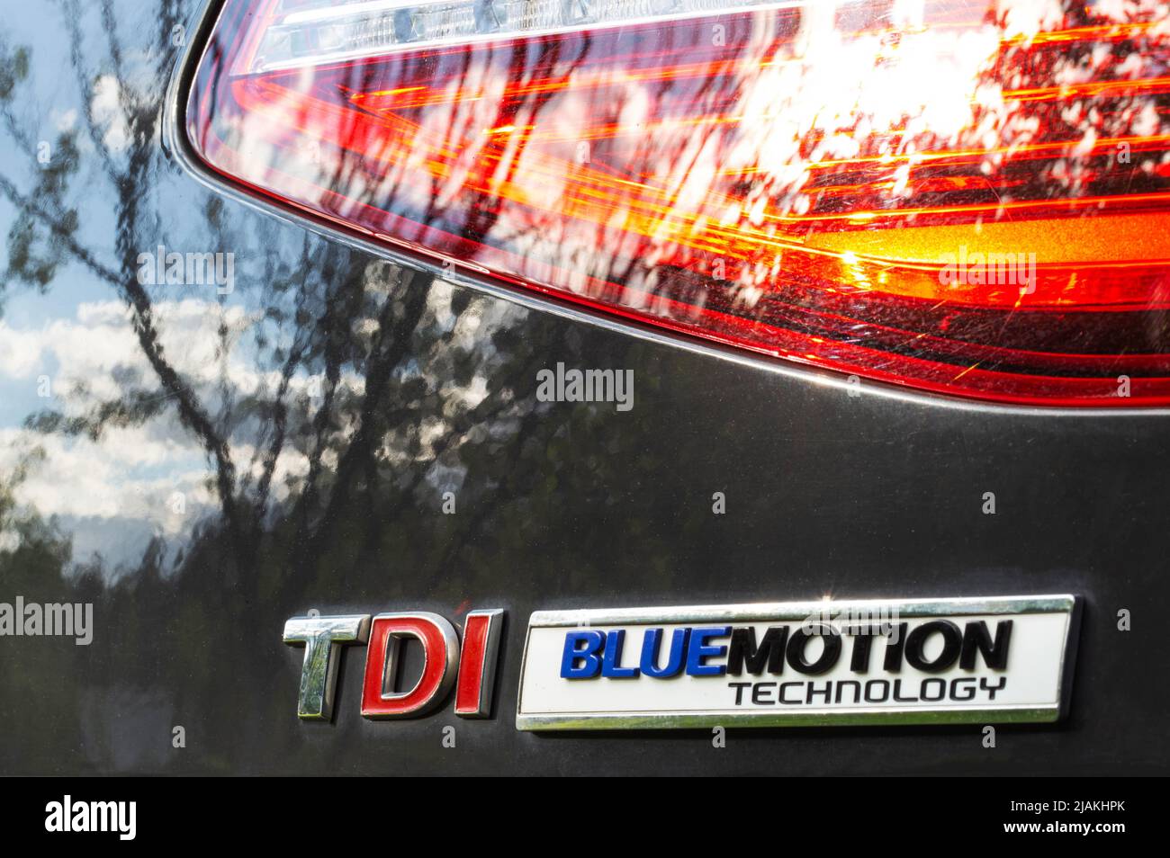 BOBRUISK, BELARUS 16.06.21 New technology on diesel cars volkswagen bluemotion, car trunk badge. Close-up Stock Photo