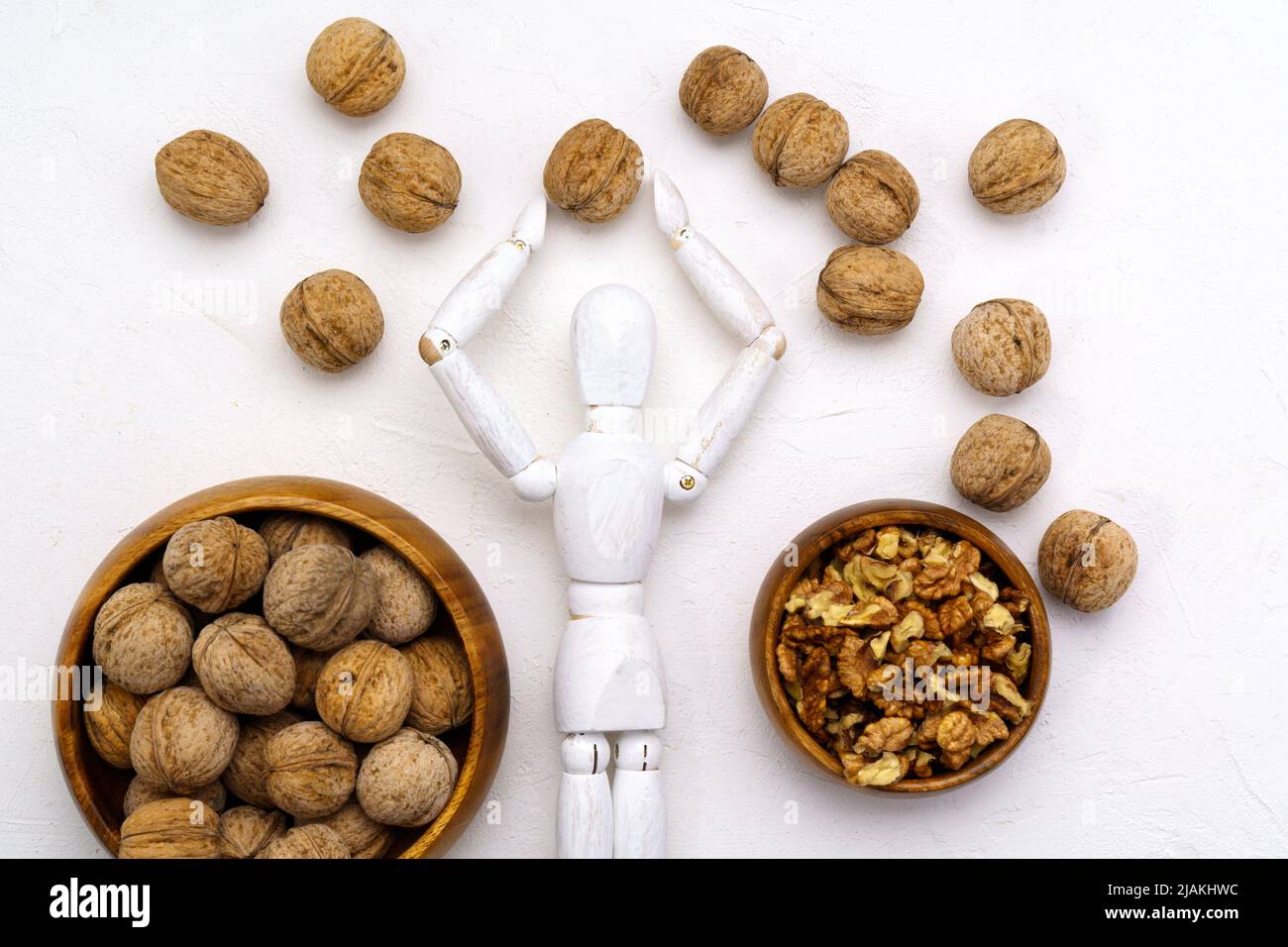 The human brain is shaped like a walnut kernel. Wooden mannequin with