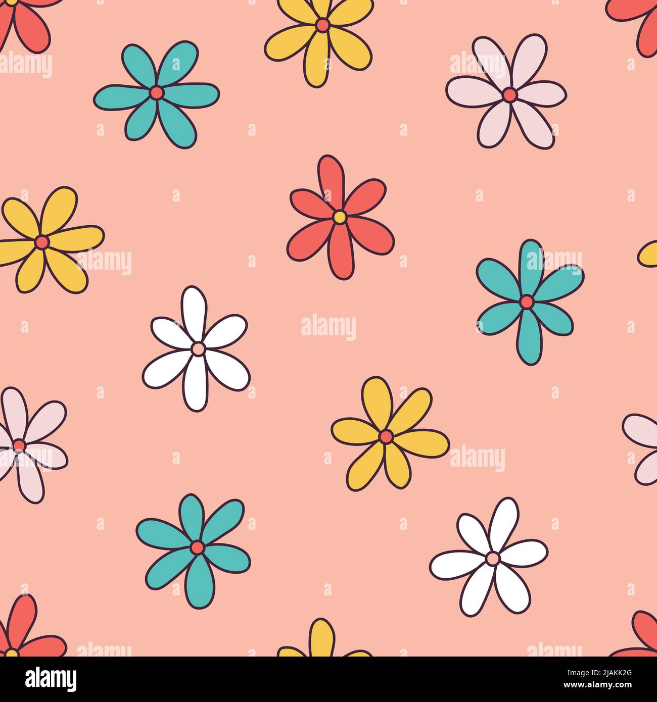 Retro 70s 60s Hippie Groovy Floral naive Daisy vector seamless pattern ...