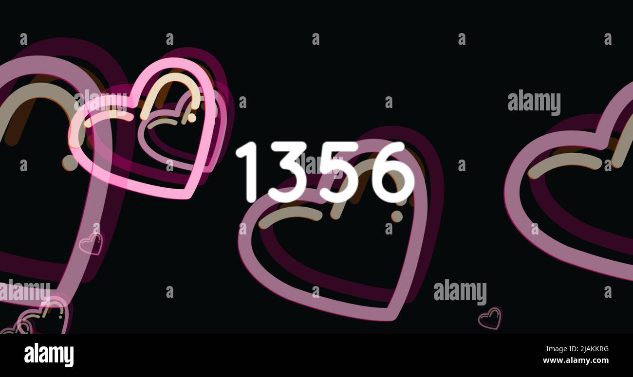 Image of hearts and increasing numbers over black background Stock Photo