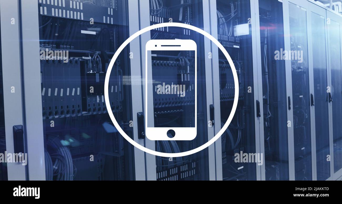 Image of smartphone icon and data processing over server room Stock Photo