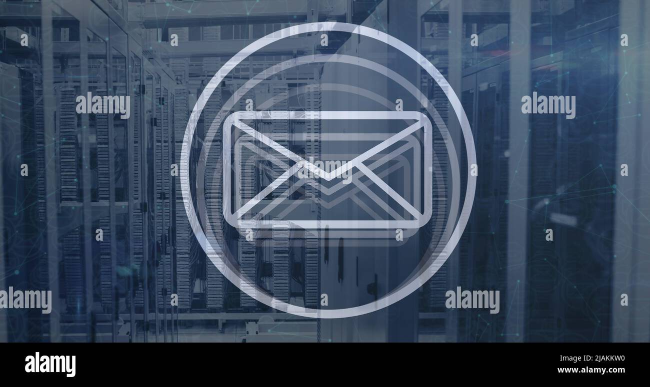 Image of envelope icon and data processing over server room Stock Photo