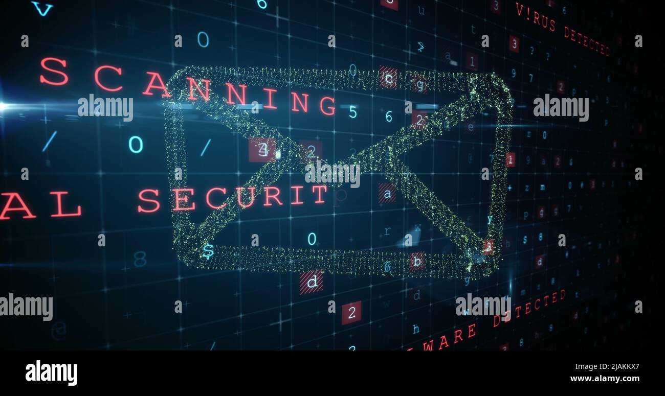 Image of data processing and envelope icon over black background Stock Photo