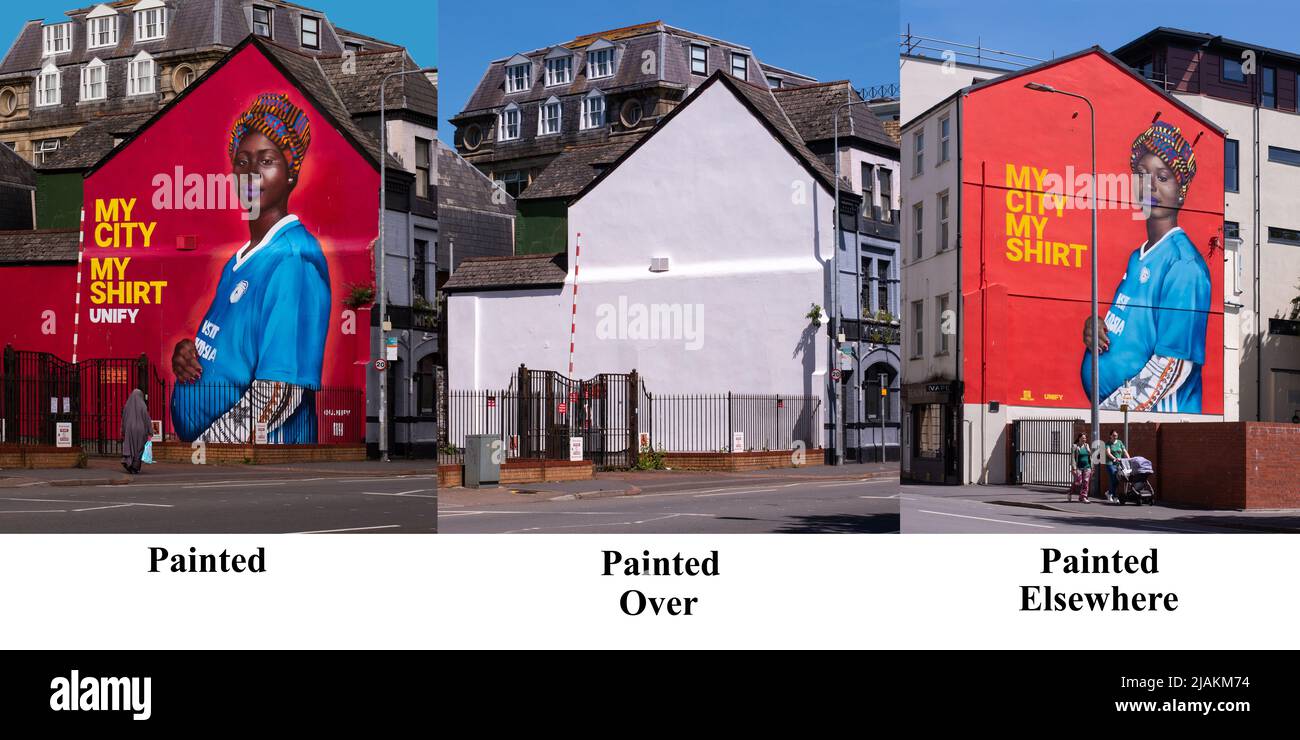 My City My Shirt mural looks down an a moslem lady wearing Hajib. Then mural painted over, then repainted further down the street. Stock Photo