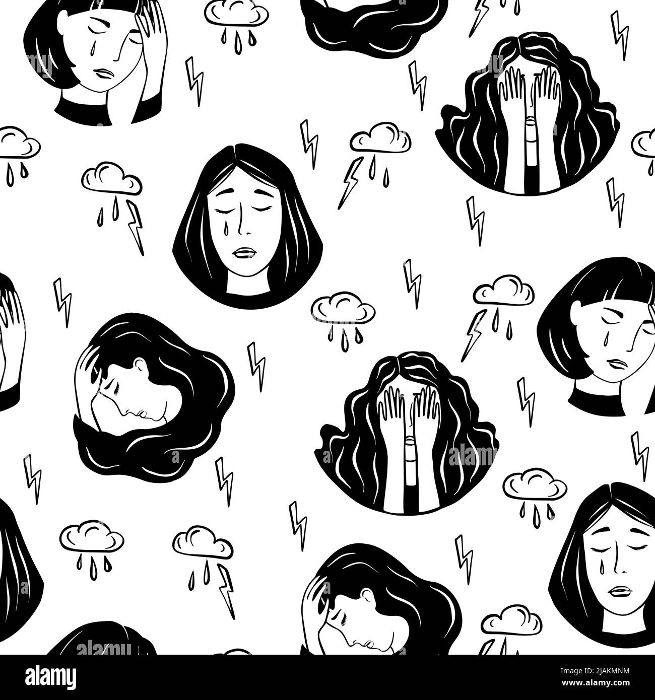 Seamless pattern with depressed, crying and sad girl portraits. Anxiety, mental disorder or violation concept background. Stock Vector