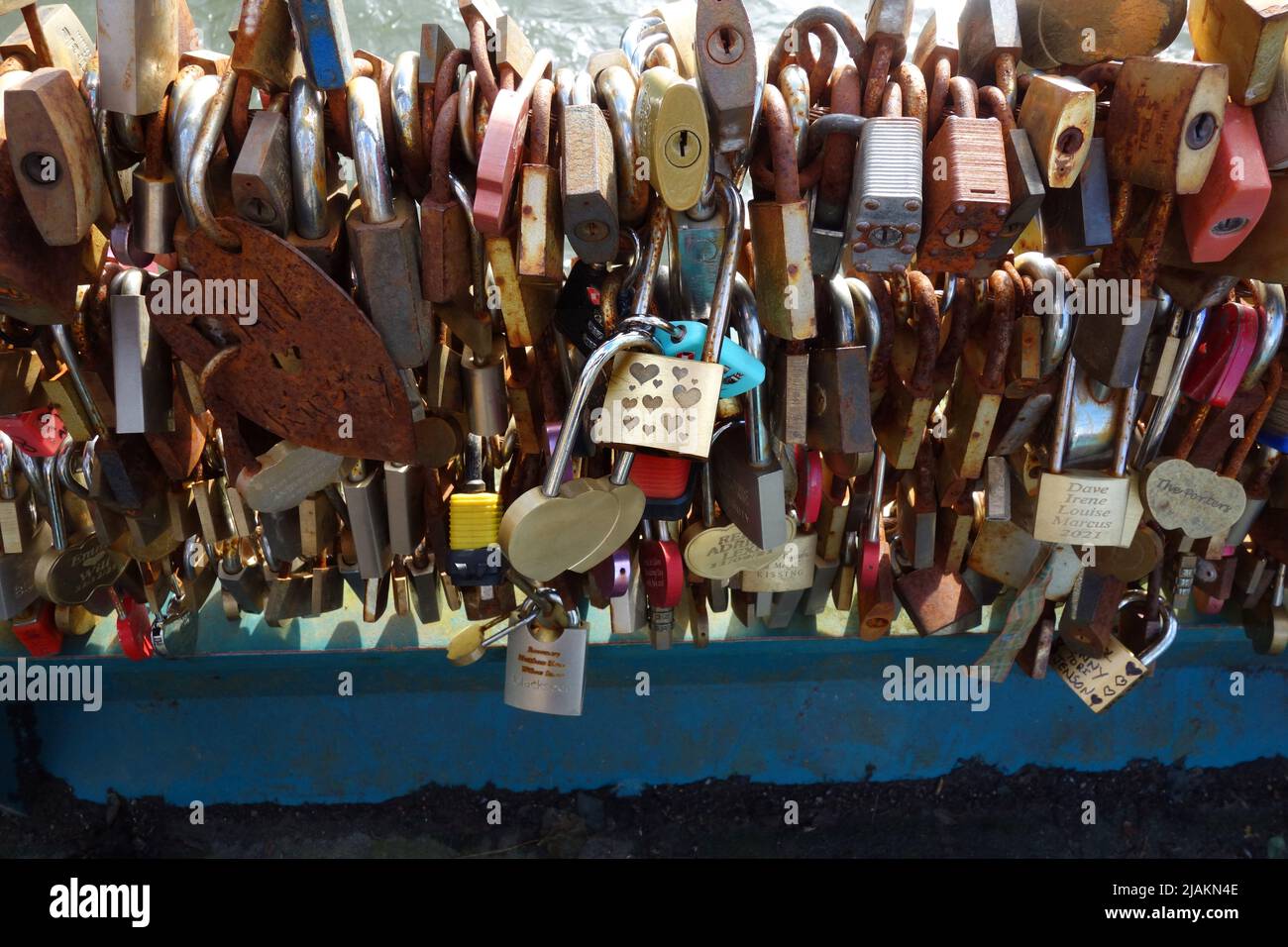 Love locks on the Weir bridge over the River Wye in Bakewell, Derbyshire. Stock Photo