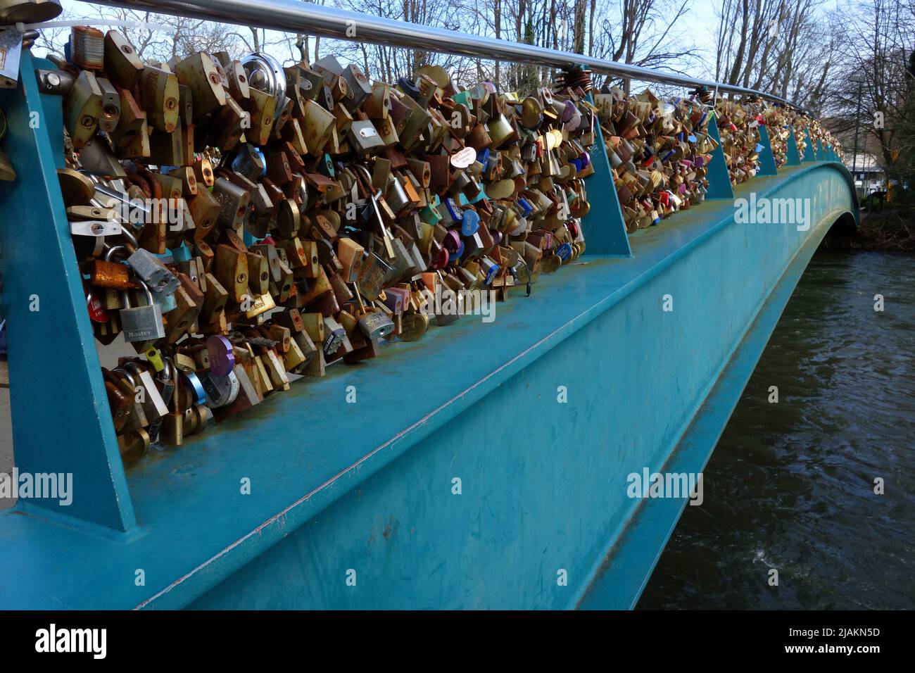 Love locks on the Weir bridge over the River Wye in Bakewell, Derbyshire. Stock Photo