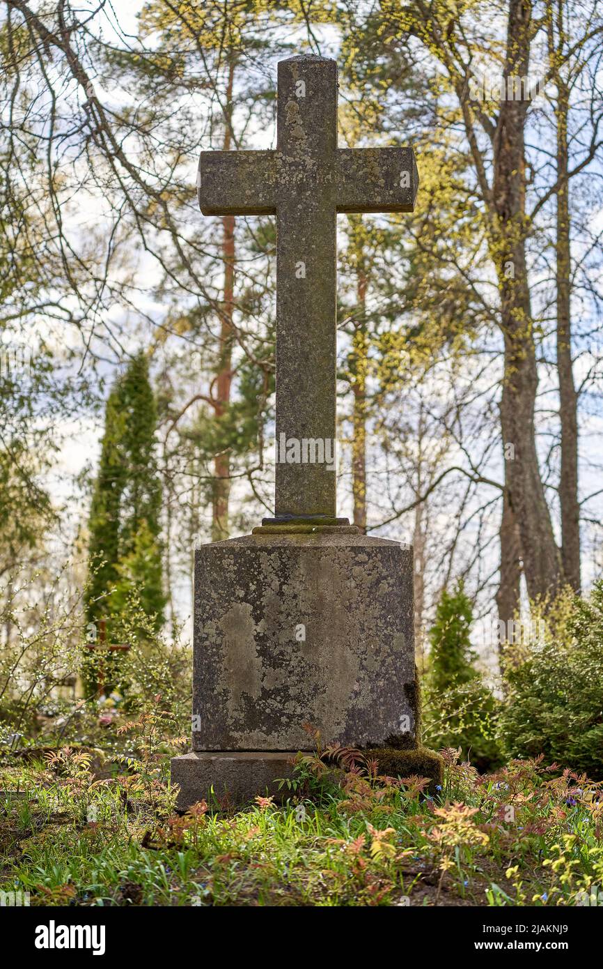 Ancient concrete cross in the cemetery covered by moss. Sunny day. Stock Photo
