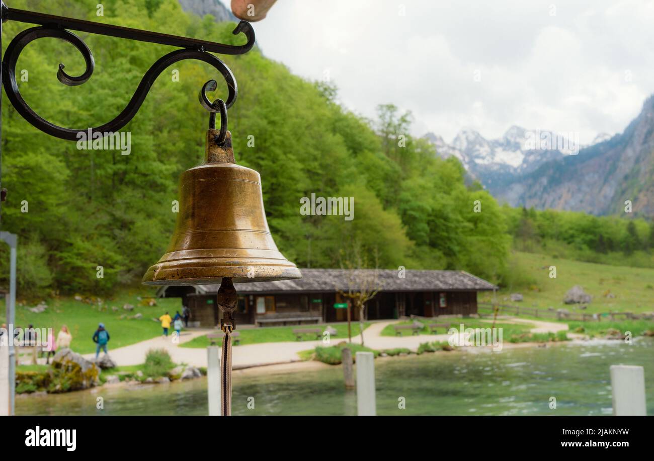 Old bell hangs in the port, Konigsee, Bavaria Stock Photo