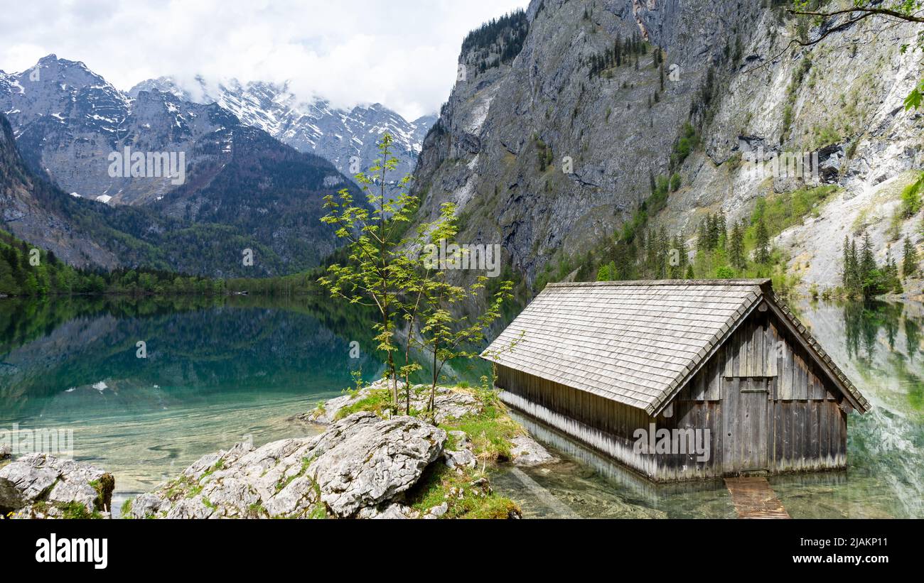 Boat hut on the Obersee, Berchtesgadener Land, Bavarian Alps Stock Photo