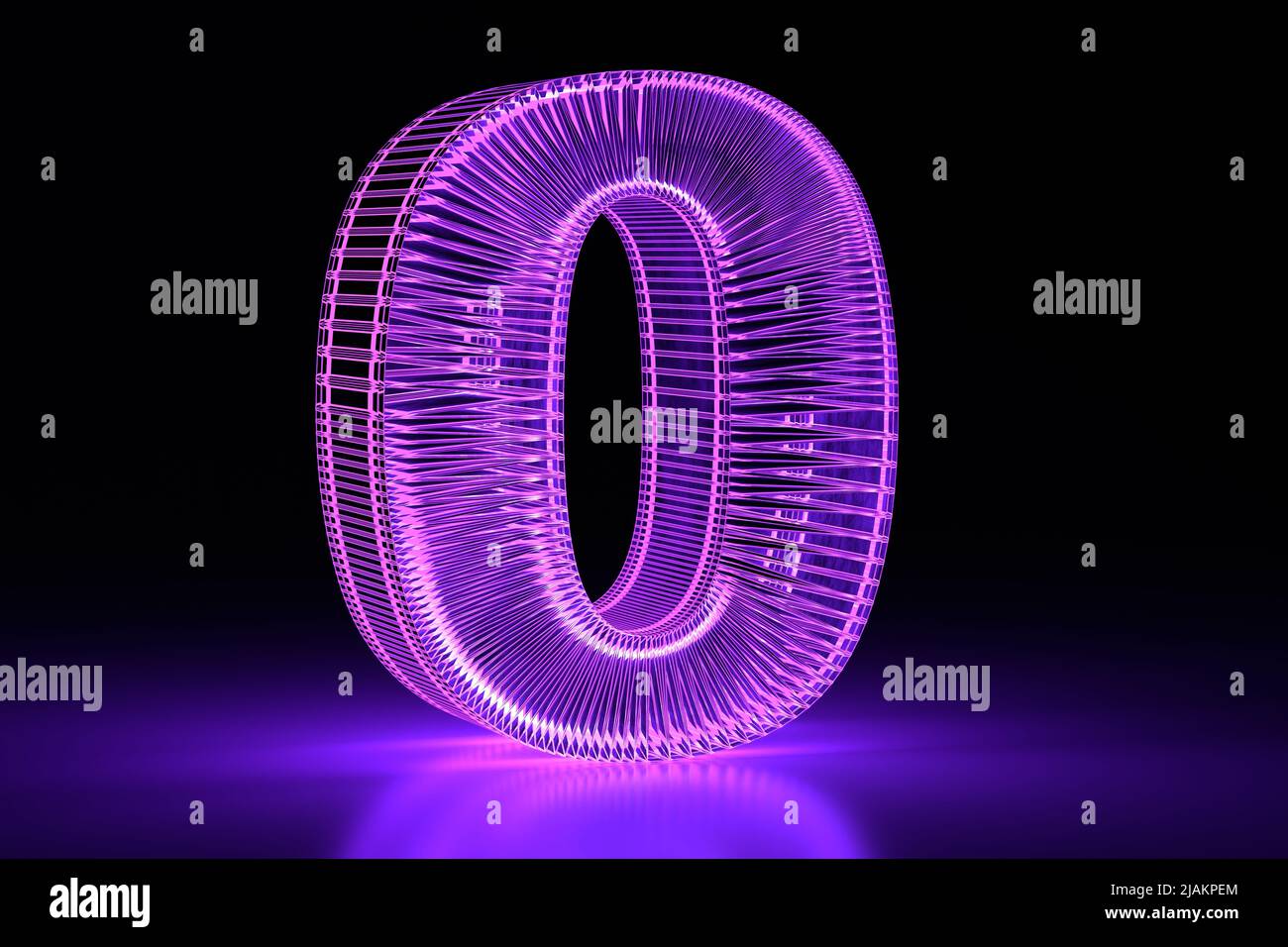 Neon glowing volumetric 3D Neon glowing volumetric 3D figure zero. Purple. Digital design. 3D render. Stock Photo