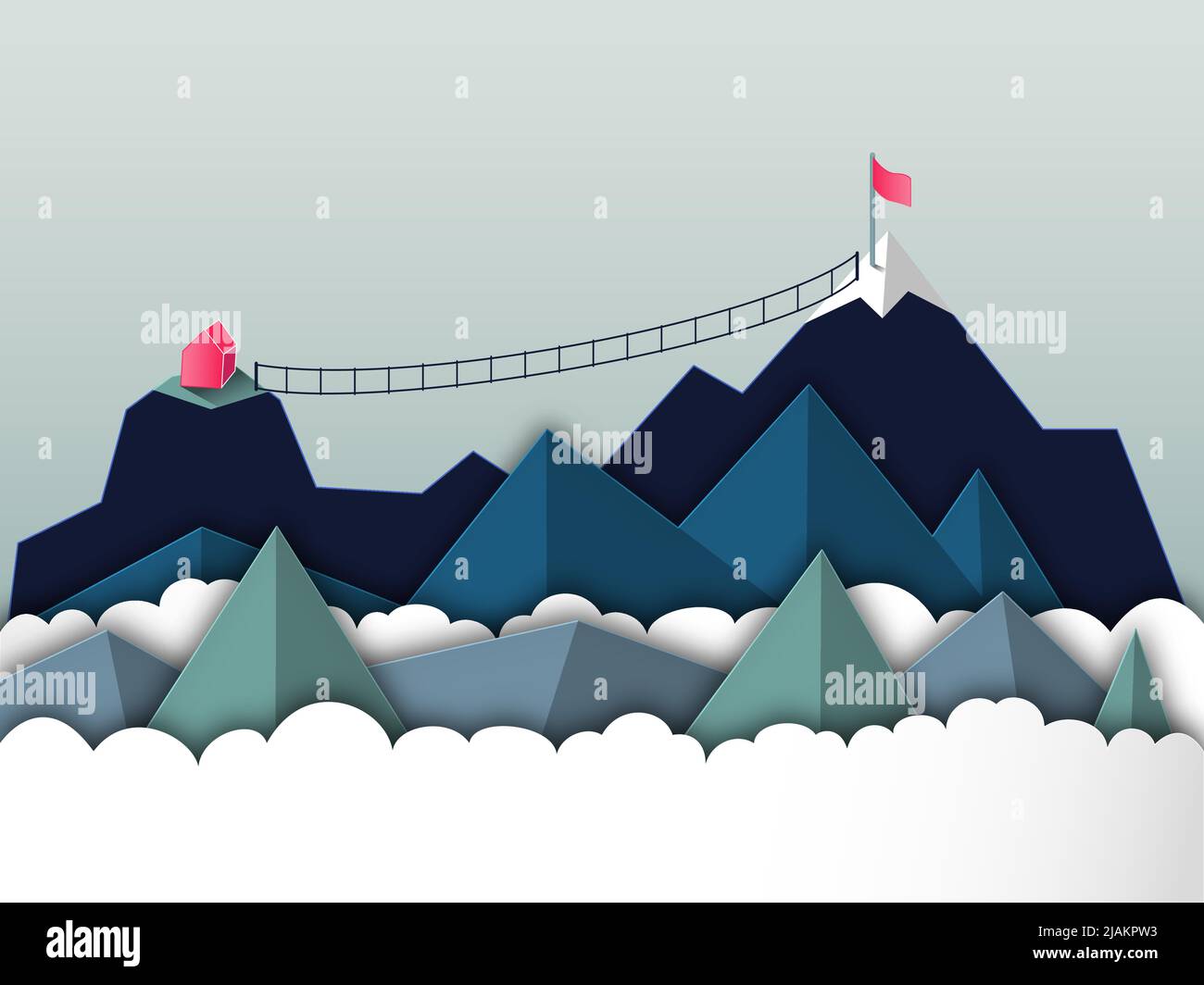 Business concept of overcoming obstacles and accepting challenges. Illustration of a paper cut mountain top with hut and hanging bridge to reach the m Stock Vector