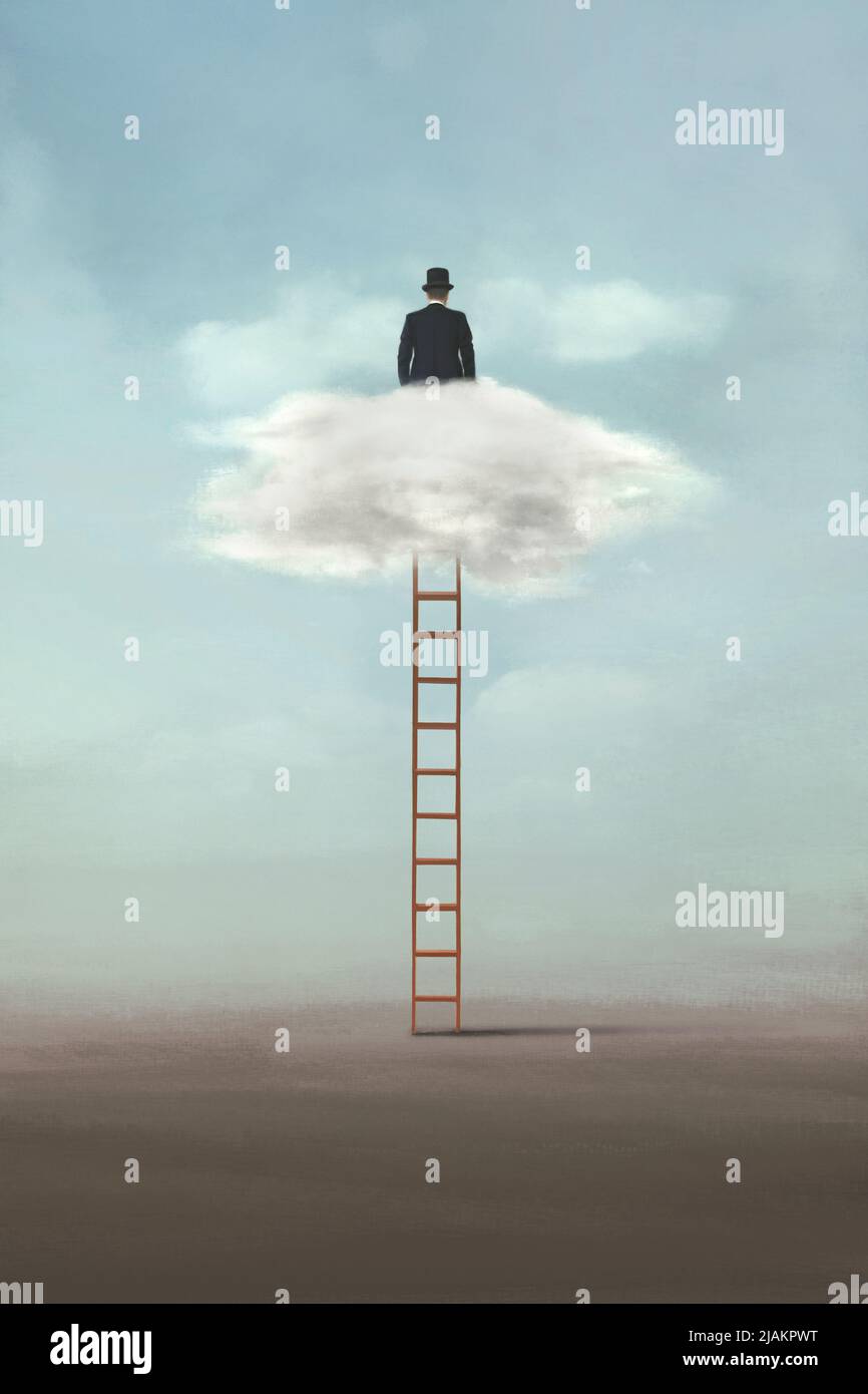 businessman on a ladder dreams of the future in the clouds Stock Photo