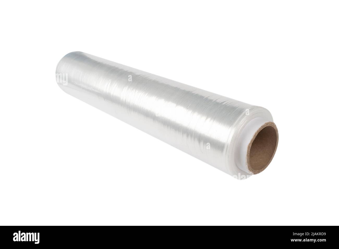 Roll of plastic stretch wrap film isolated on white background. Stock Photo