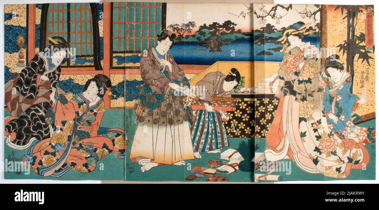 Two young men and four women in an interior Kunisada, UTAGAWA (1786 ...
