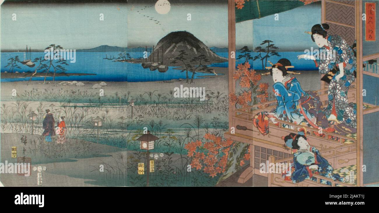 Autumn landscape with the moon  women on a porch, from the series: Furyu Genji HIROSHIGE, Ichiryusai (1797 1858) Stock Photo