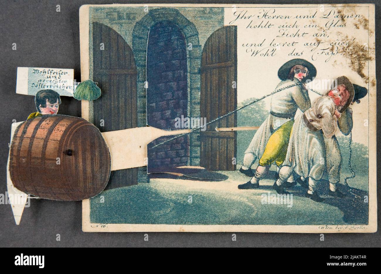 Moving toy: A keg of beer is better than a glass from: Paper toys from the Biedermeier era Berchot, A. Stock Photo