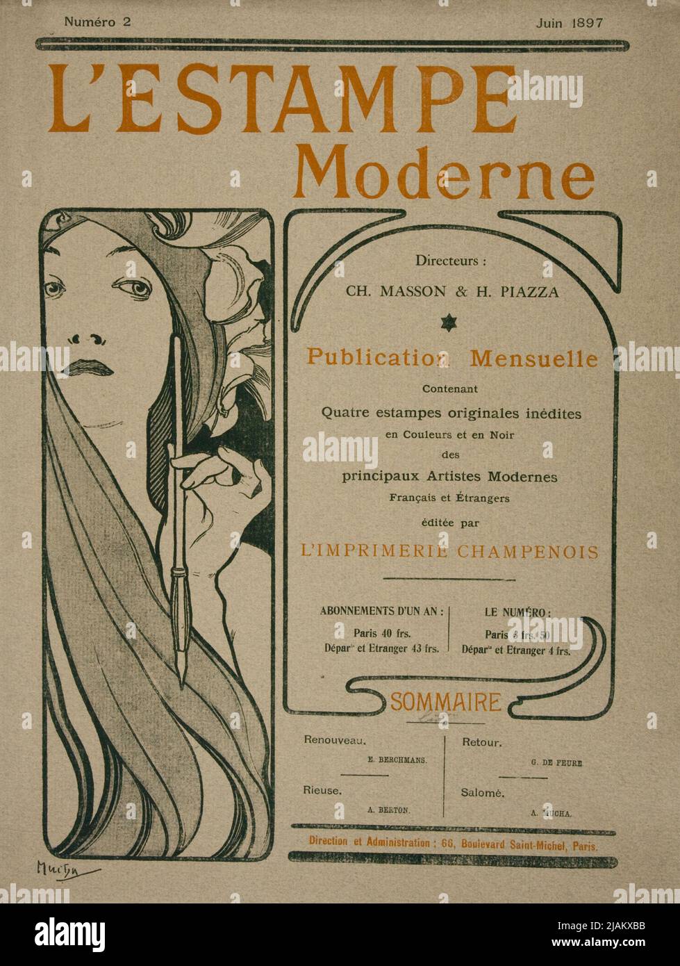 Female with Pen / Woman with a pen  Cover of the The Modern Print NO 2, Paris, June 1897, ed. The Modern Print, print. Fernand Chapmenois Mucha, Alfons (1860 1939), Modern print (Charles Masson, Henri Piazza), Champenois, Fernand Stock Photo