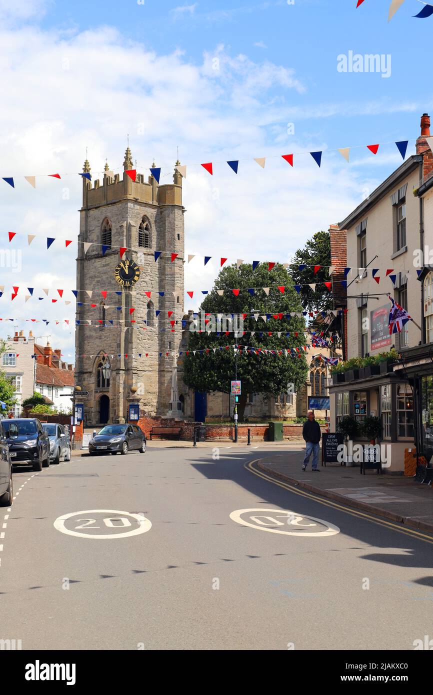 The High Street, Alcester, Warwickshire decorated with bunting and flags to commemorate the Platinum Jubilee of Queen Elizabeth II, June 2022 Stock Photo