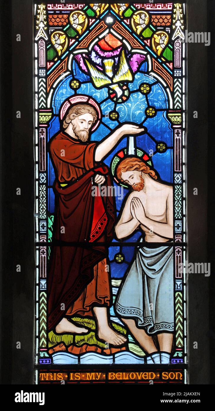 A stained glass window by Frederick Preedy depicting the Baptism of Christ, Holy Trinity Church, Arrow, Warwickshire Stock Photo