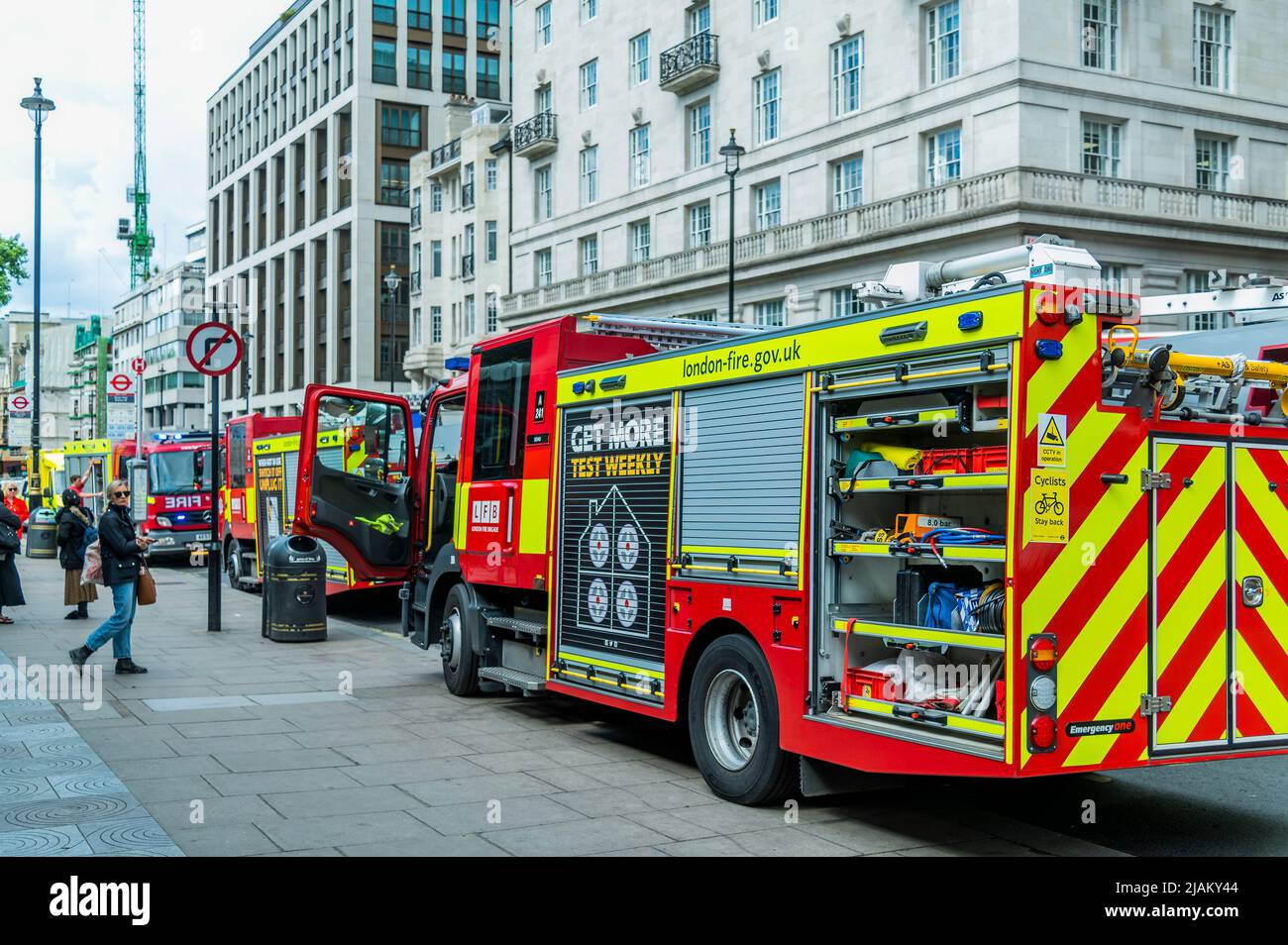 London, UK. 31st May, 2022. Fire engines wait outside - London Fire Brigade, the Police and the Ambulance sevice, including the Air Ambulance attend an incident at Green Park tube station. It was reported that there was a person under a train but the air ambulance was not needed and the the mergency services left soon after. Credit: Guy Bell/Alamy Live News Stock Photo