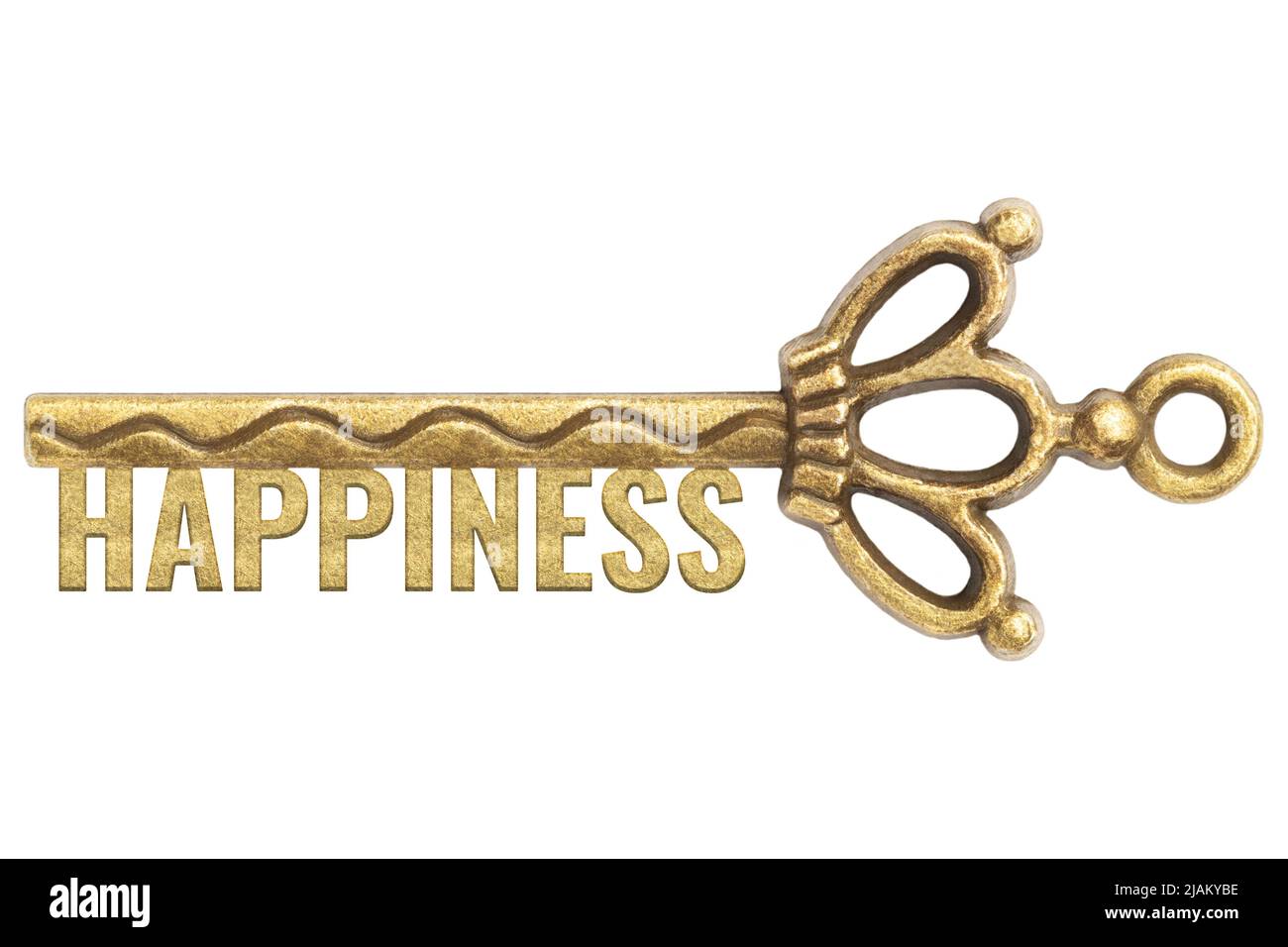 Bronze vintage antique key with word Happiness isolated on white ...