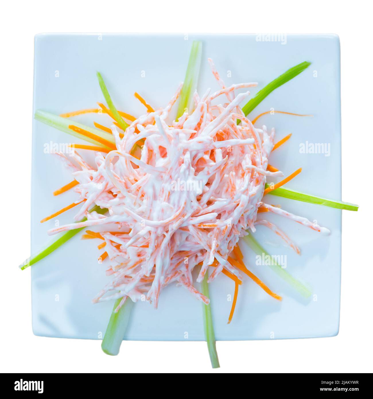 Top view of salad with carrots, garlic and sour cream Stock Photo