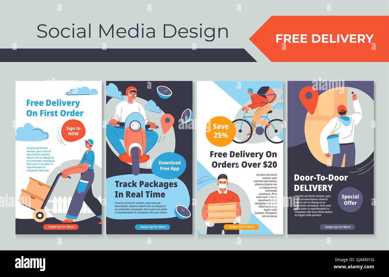 Free delivery special offers at social media set Stock Vector