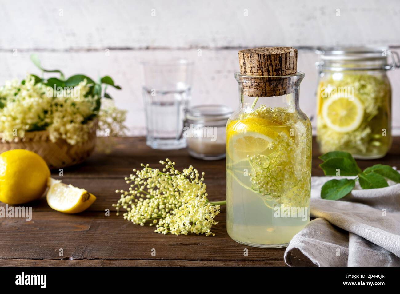 Elderberry infused water or syrup made with fresh flowers, lemons