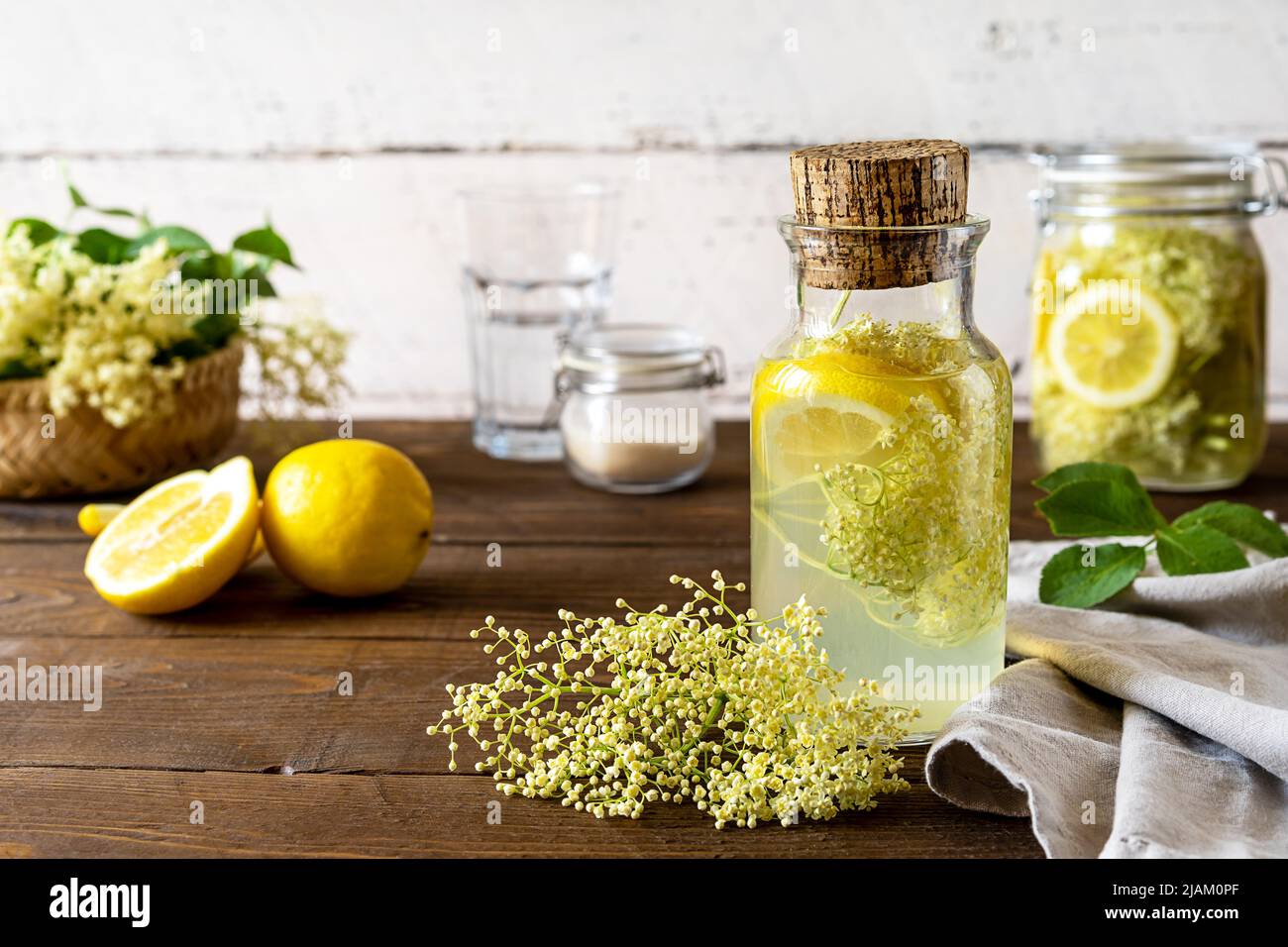 Elderberry infused water or syrup made with fresh flowers, lemons