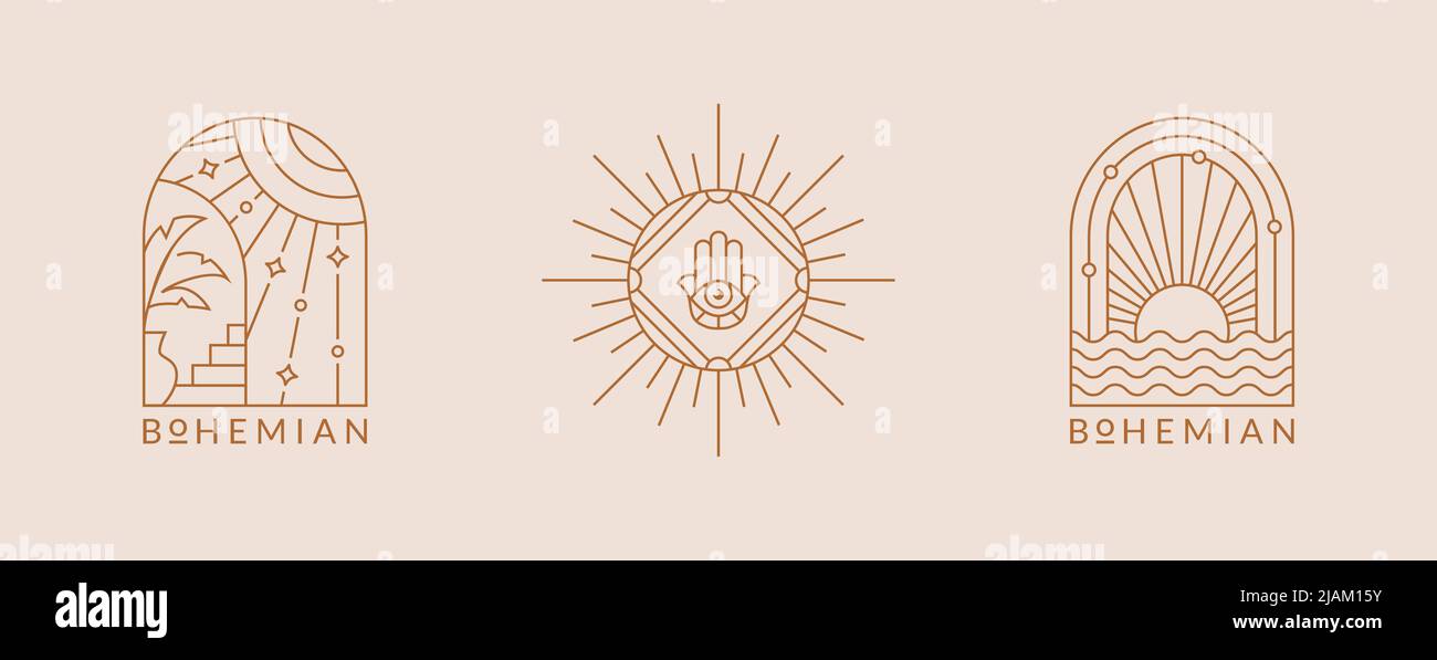 Boho logos. Vector isolated emblems with sun. Elegant line design for esoteric, spiritual therapy practices, travel agencies, outdoor resort, spa, etc Stock Vector