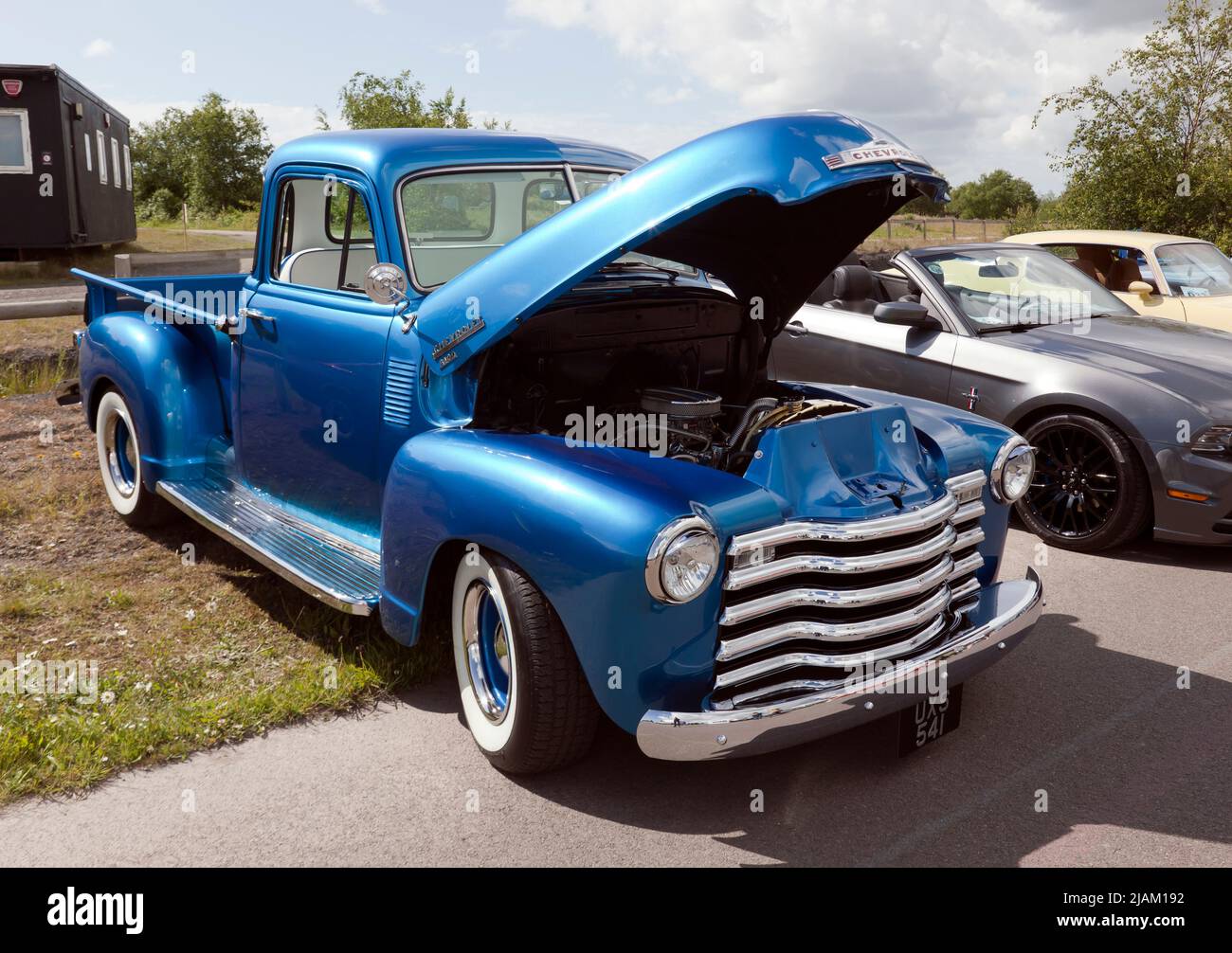 Three-quarter Front View of a  Blue, 1950, Chevrolet Thriftmaster 3100  Light Truck, on display at the Deal Classic Car Show 2022 Stock Photo
