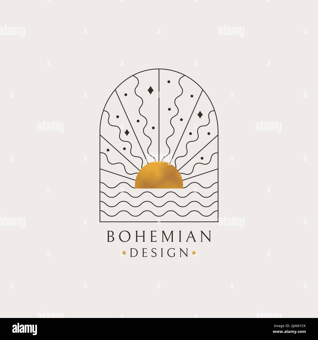 Boho logo. Vector isolated bohemian design with sun and ocean waves. Trendy line emblem with gold texture. Stock Vector