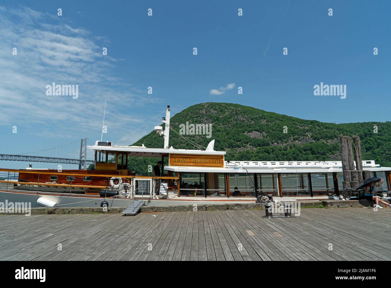 Classic Harbor Line's yacht, Manhattan I, docked at Bear Mountain. Classic Harbor Line offers a nine-hour trip from Chelsea Piers to Bear Mountain. Stock Photo