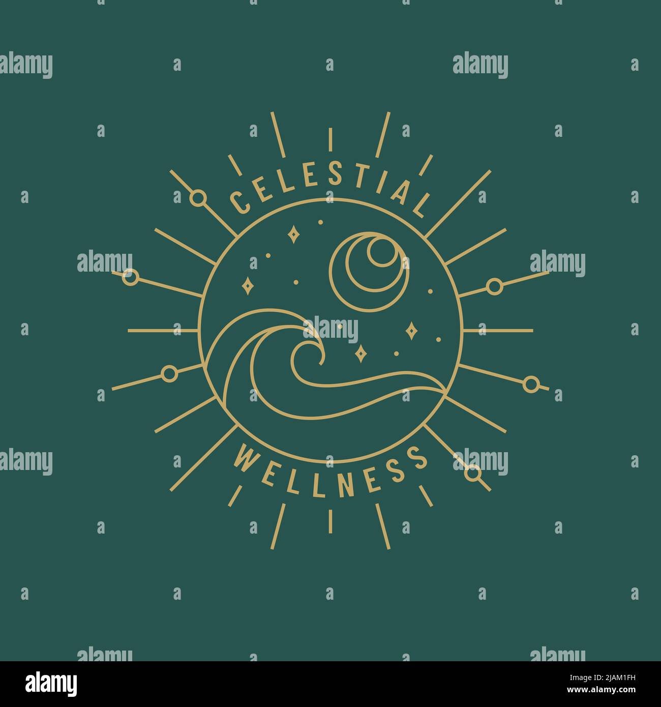 Boho logo. Vector isolated design with sun, moon, stars and ocean wave. Trendy line emblem for boho hotel, meditation studio, alternative healing, etc Stock Vector