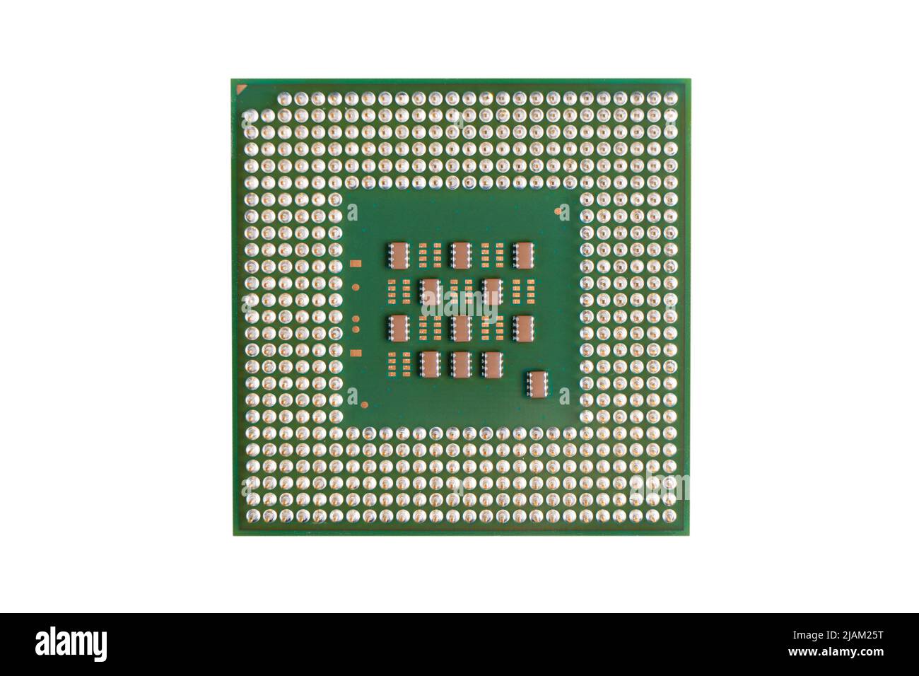 Top view computer processor isolated on white background. CPU. Central processor unit. Computer hardware technology. Integrated communication processo Stock Photo