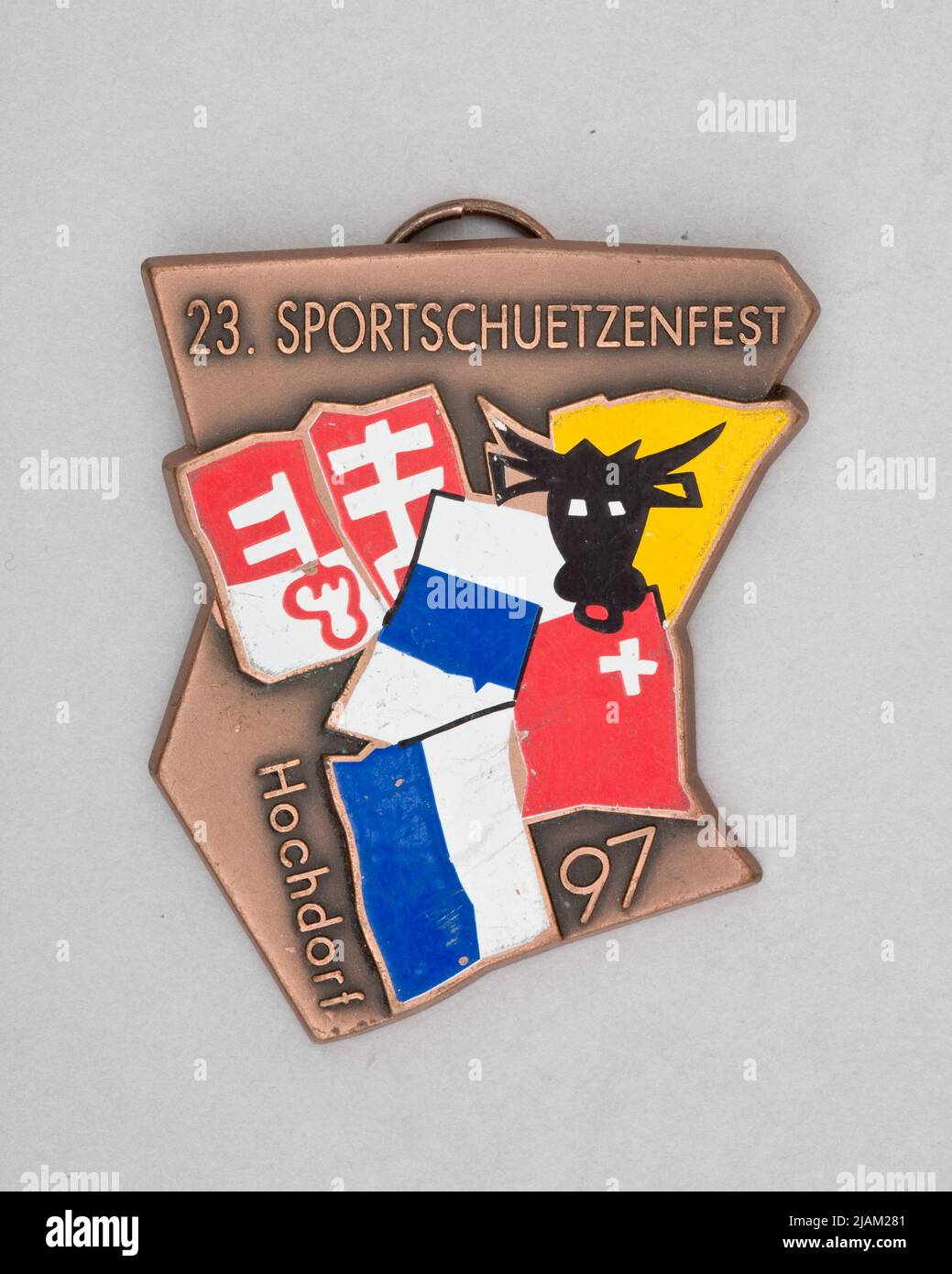 Commemorative Badge of 23 Strzelec Sports Meeting in Hochdorf, Canton Bern Huguenin Stock Photo
