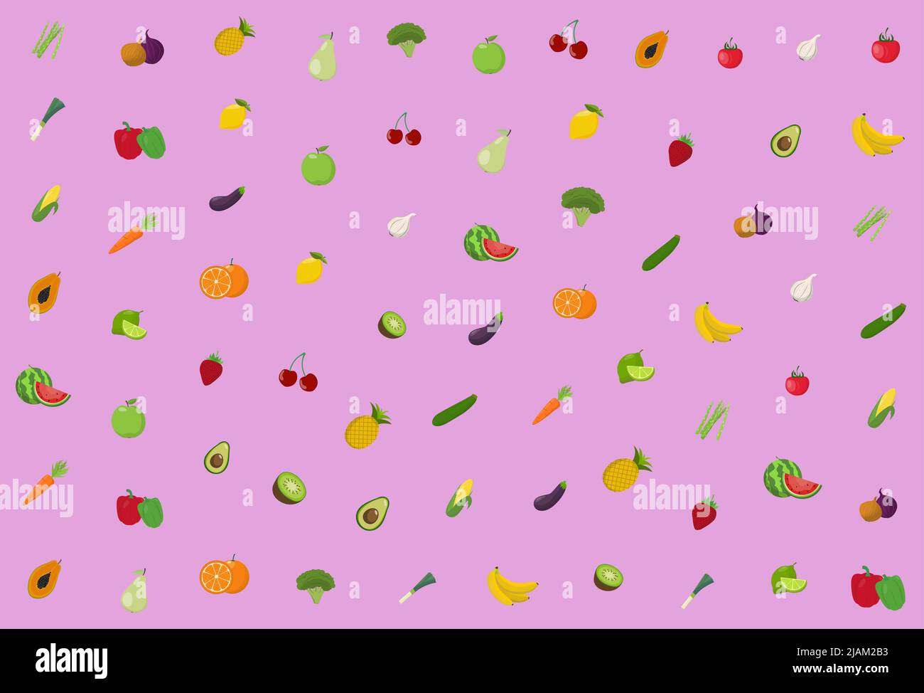 purple background with colorful fruits and vegetables, vector illustration Stock Vector