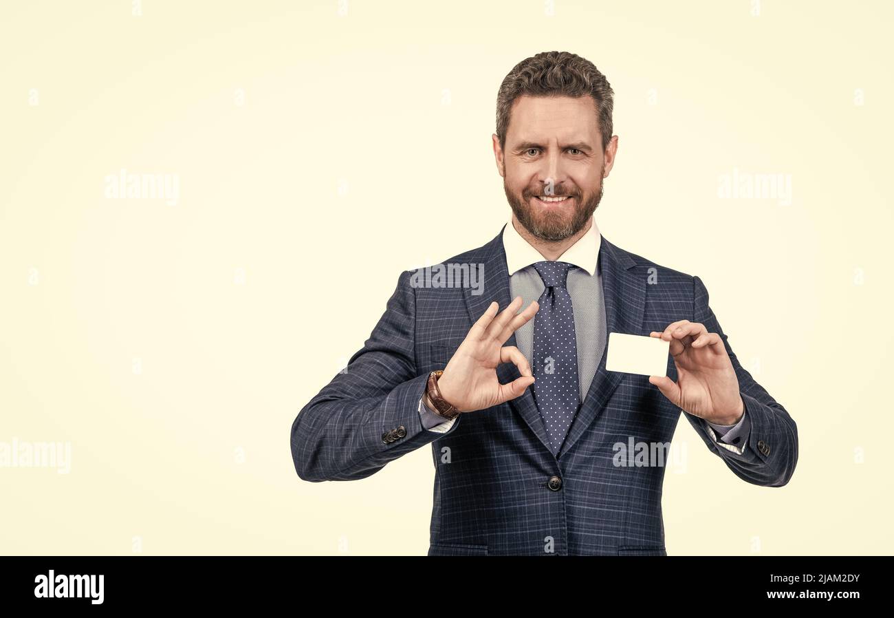 successful ceo suggest easy banking profit payment. handsome man show ok. happy boss Stock Photo