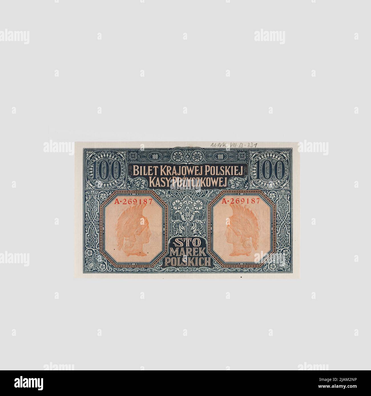 A banknote for 100 Polish brands, General Warsaw Government (1915–1918), Polish National Loan Fund, 9/12/1916, Series I ( General ) Polish National Loan Fund, Reichsdruckerei, Berlin Stock Photo