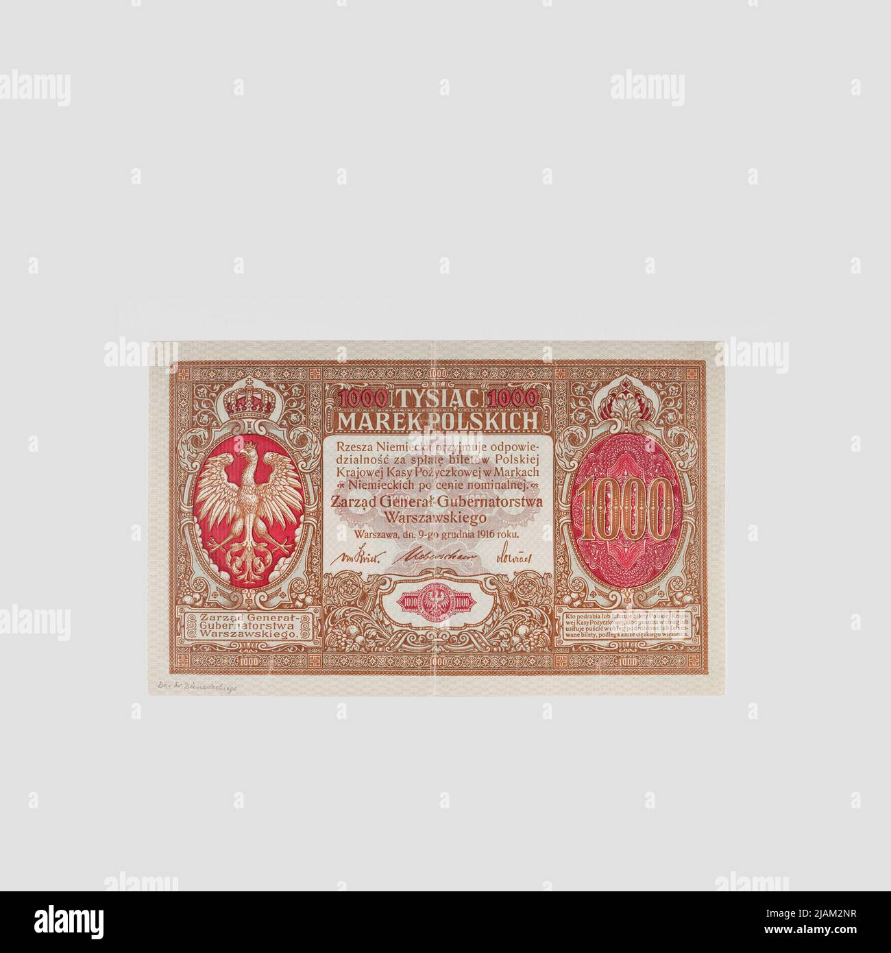 Banking for 1000 Polish marks, General Warsaw Government (1915–1918), Polish National Loan Fund, 9/12/1916, Series II ( general ) Polish National Loan Fund, Reichsdruckerei, Berlin Stock Photo
