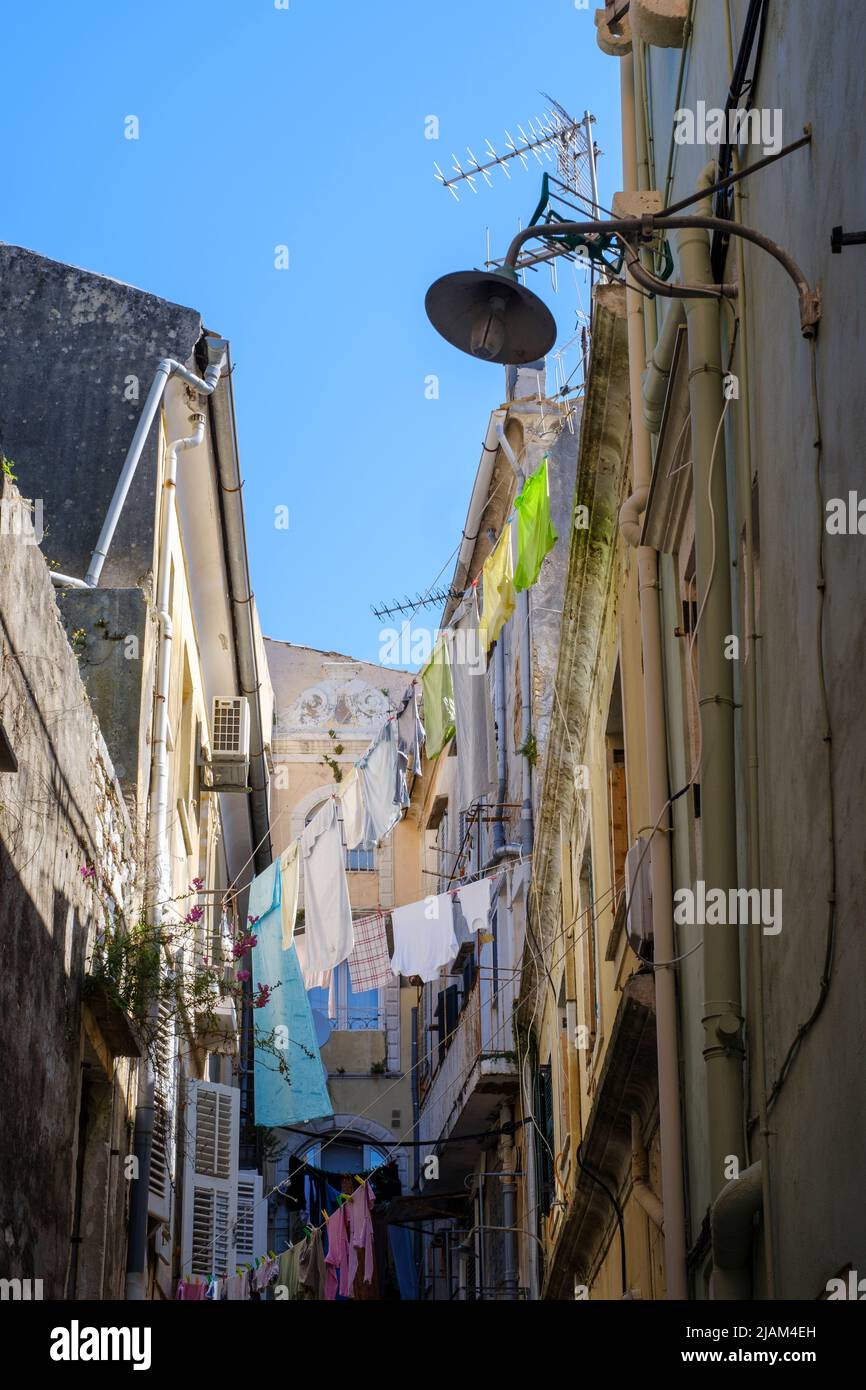 Street view with laundry drying in Corfu Town, Corfu or Kerkyra, Greece