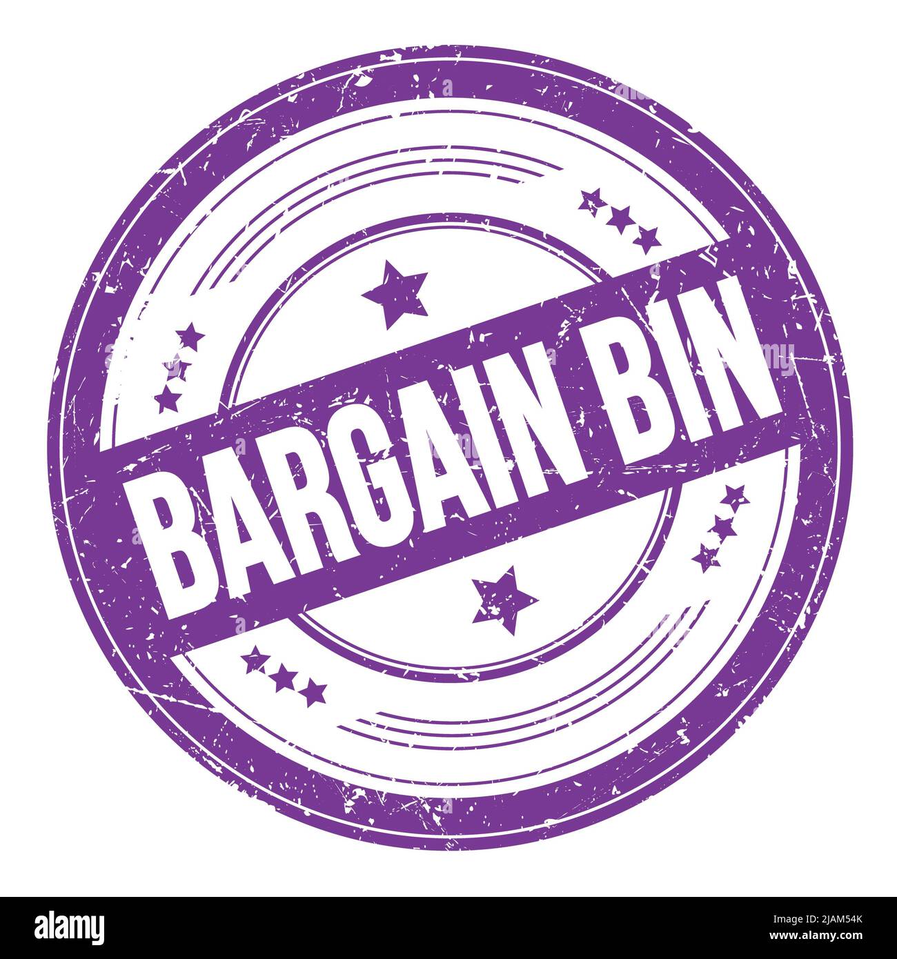 BARGAIN BIN text on violet indigo round grungy texture stamp. Stock Photo