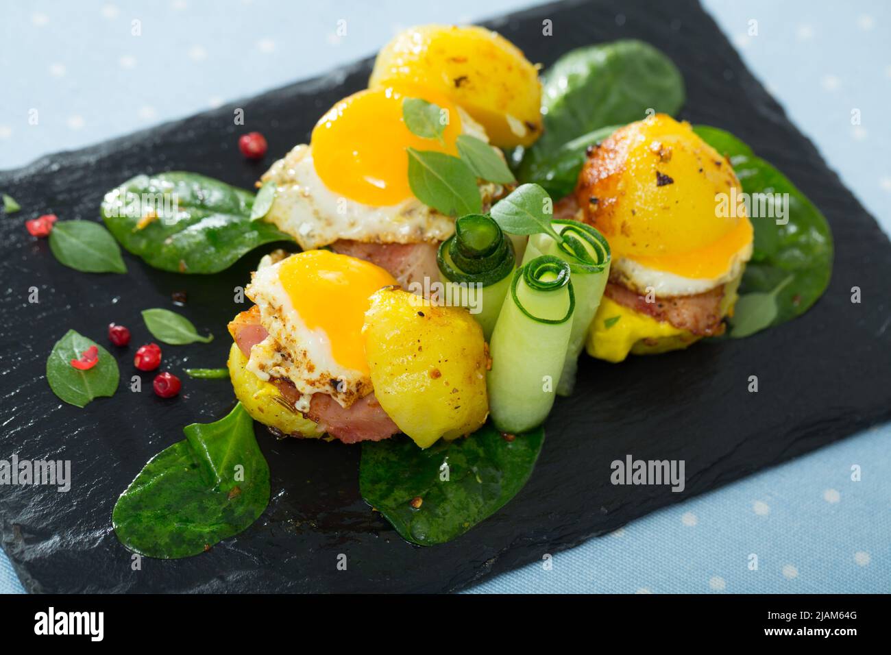 Potato burgers with quail egg Stock Photo