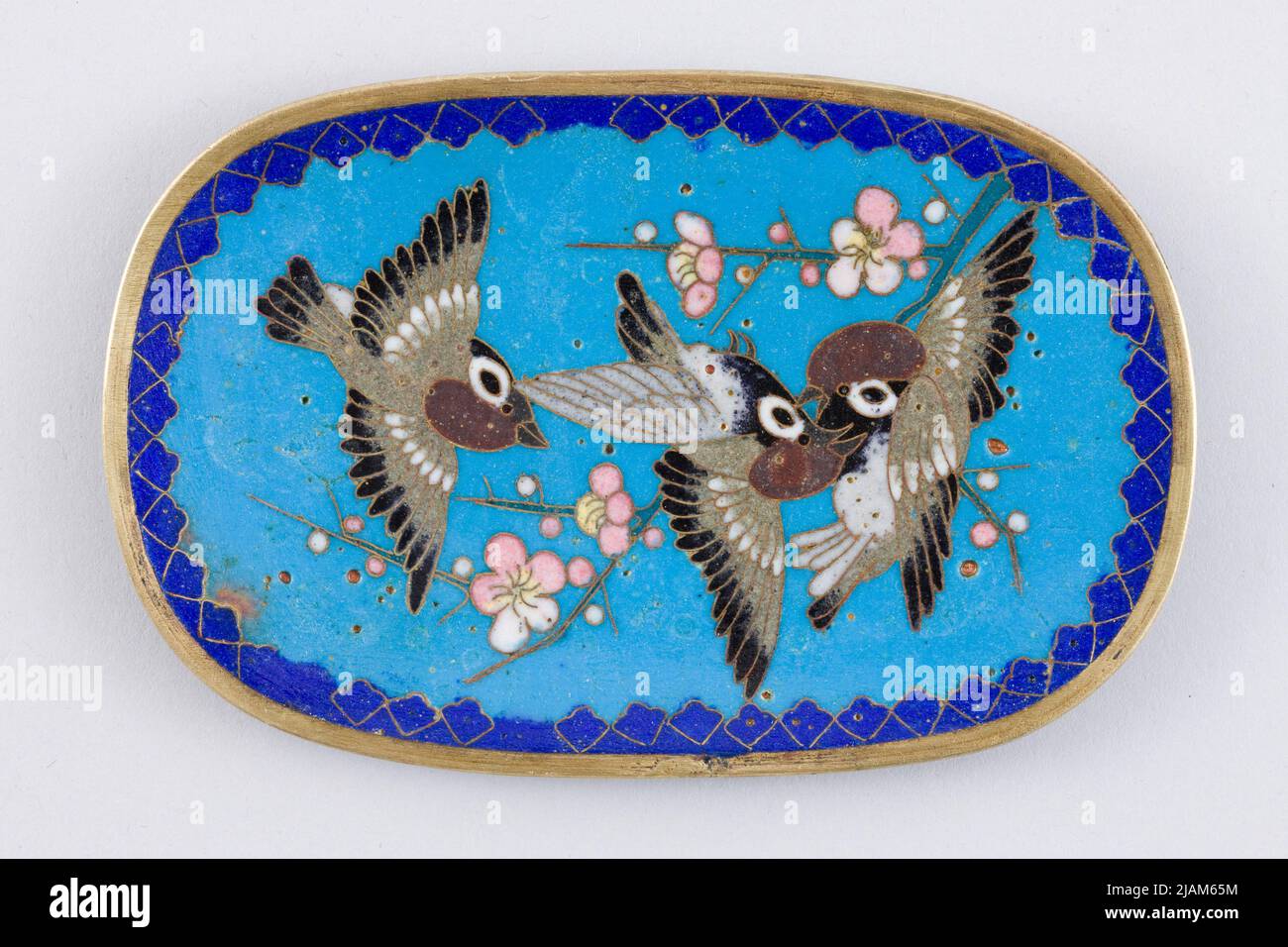 TACKA  three sparrows and twigs of flourishing plum unknown Stock Photo